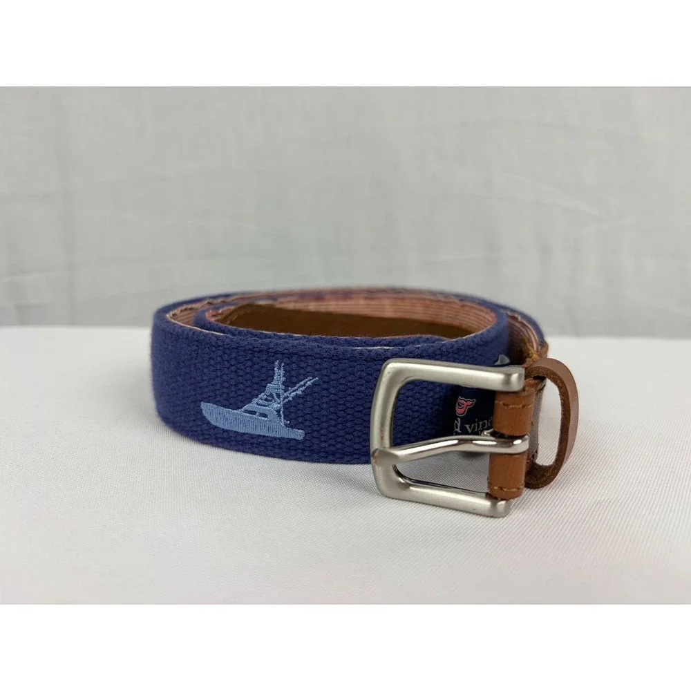 Vineyard Vines Mens Blue Fishing Boat Embroidered Canvas Belt Leather Trim 30